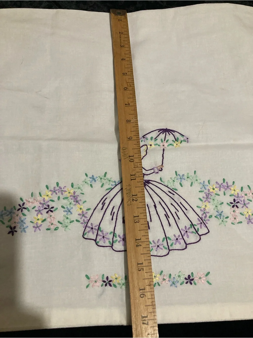 Vintage  Pillowcase w Embroidered Lady and Floral Details Southern Bell 21x17”